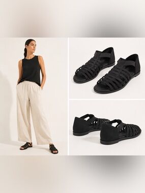 Eileen Fisher Rato Black Elastic Caged Gladiator Flat Sandals Size 5